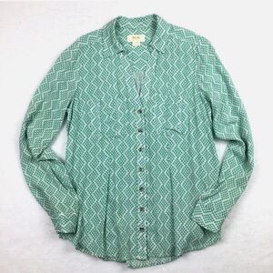 Maeve Anthropologie Green White Pattern Button with Collar Top Shirt Blouse.